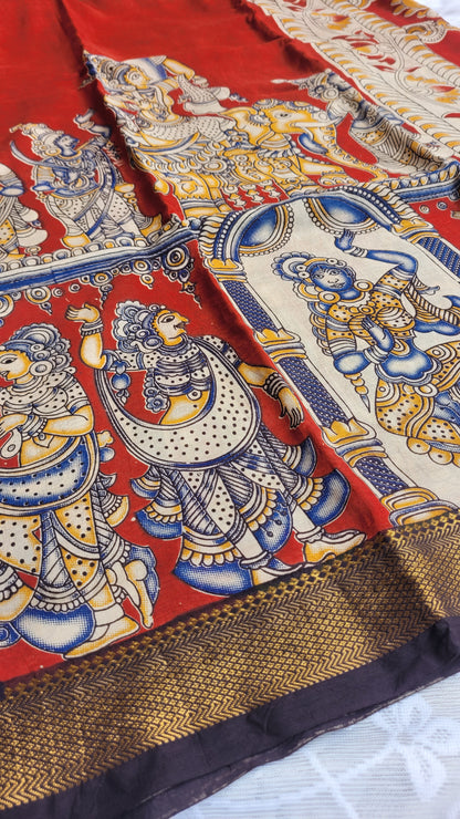 Red Kalamkari Screen Printed Chennur Silk saree - Arna