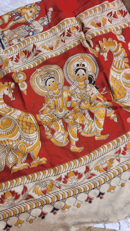 Red Kalamkari Screen Printed Chennur Silk saree - Arna