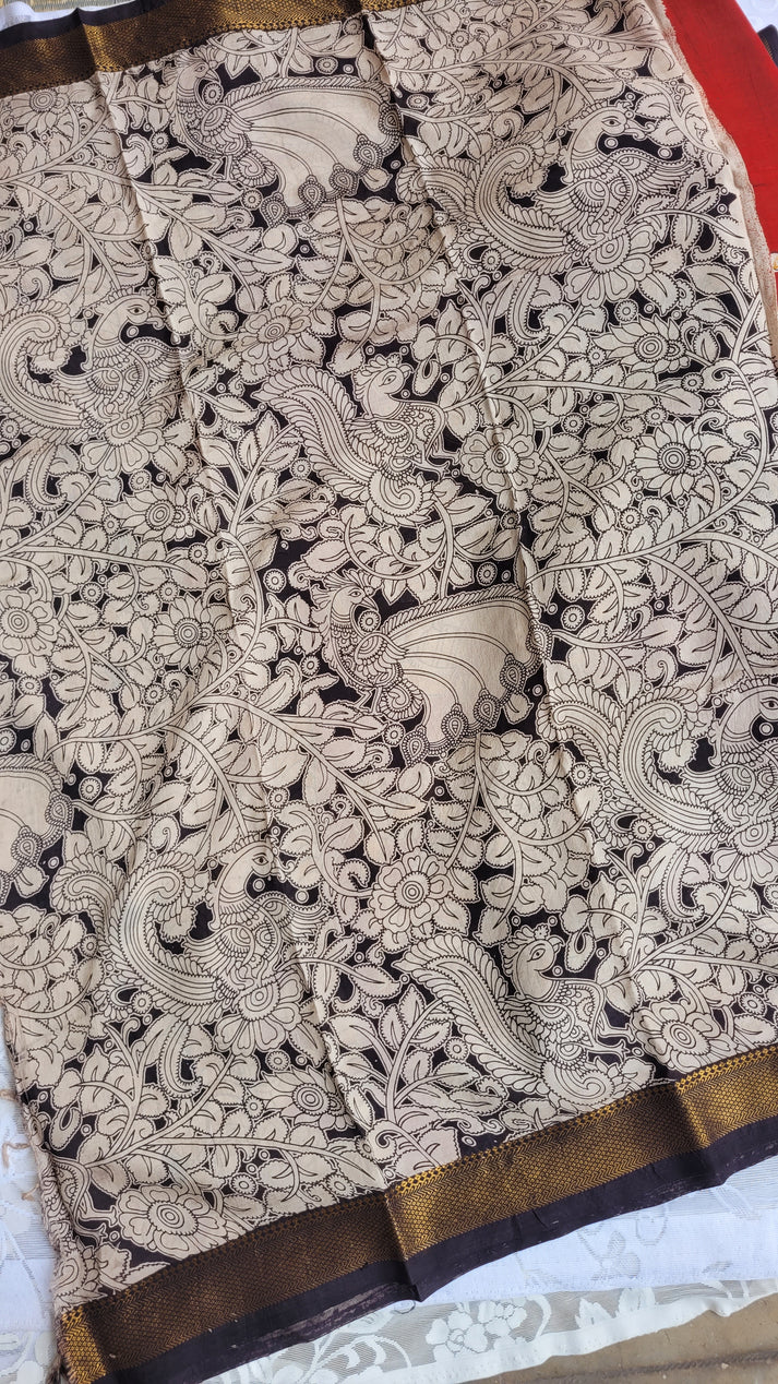 Red Kalamkari Screen Printed Chennur Silk saree - Arna