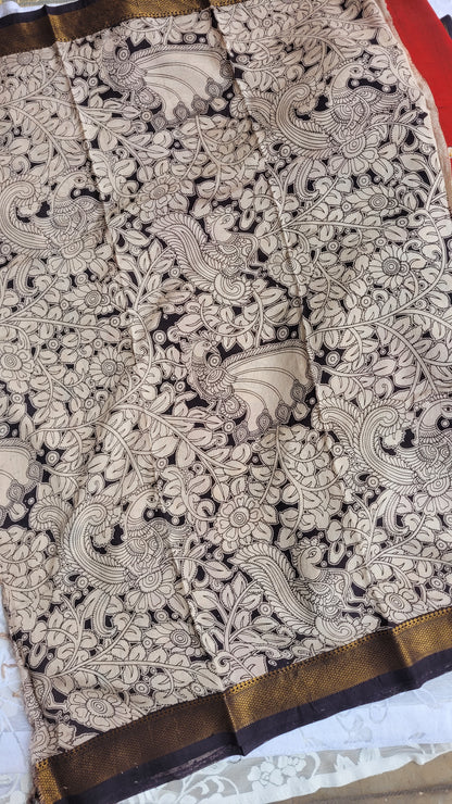 Red Kalamkari Screen Printed Chennur Silk saree - Arna