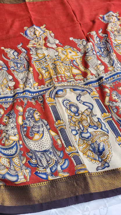 Red Kalamkari Screen Printed Chennur Silk saree - Arna