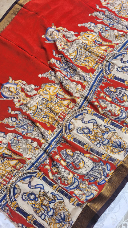 Red Kalamkari Screen Printed Chennur Silk saree - Arna