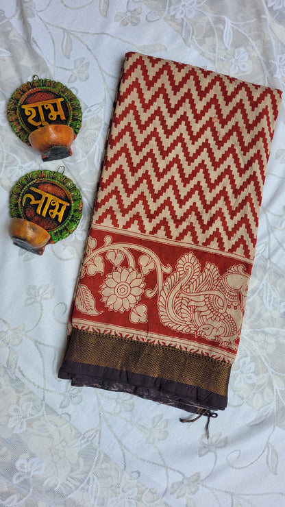 Red Stripes Screen Printed Kalamkari Chennur Silk Saree - Pattikah