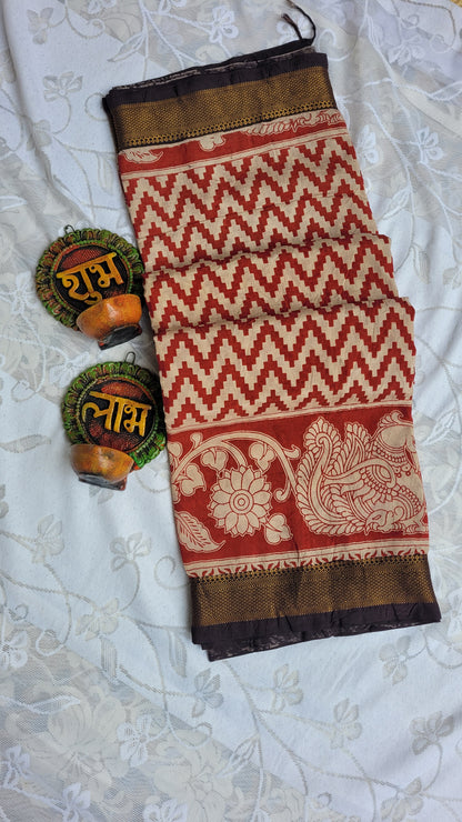 Red Stripes Screen Printed Kalamkari Chennur Silk Saree - Pattikah