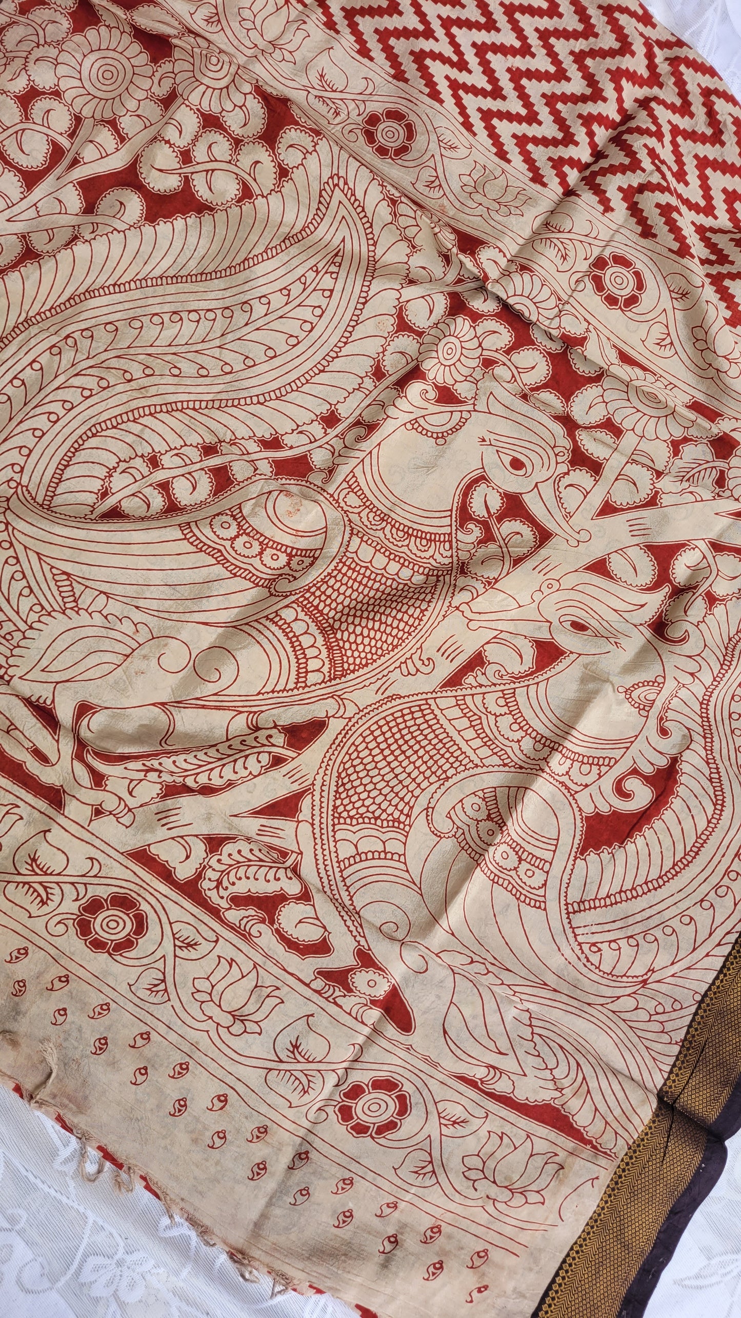 Red Stripes Screen Printed Kalamkari Chennur Silk Saree - Pattikah