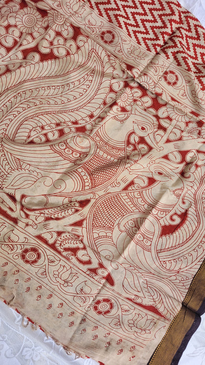 Red Stripes Screen Printed Kalamkari Chennur Silk Saree - Pattikah