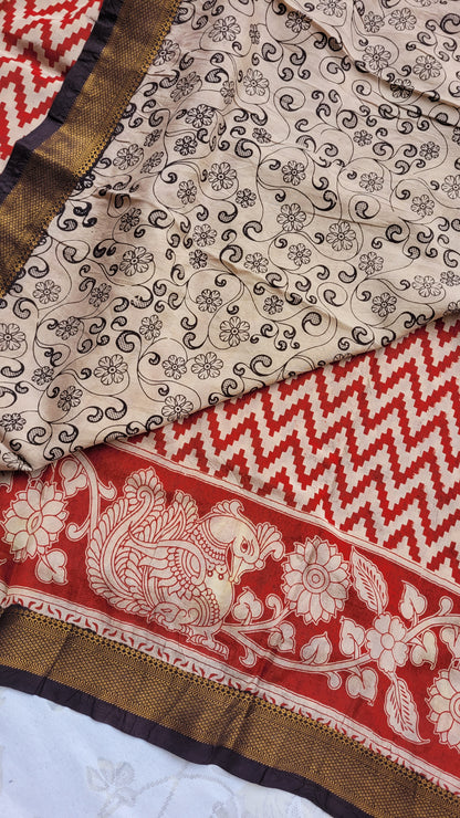 Red Stripes Screen Printed Kalamkari Chennur Silk Saree - Pattikah