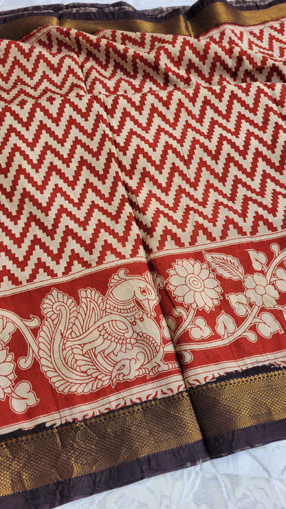 Red Stripes Screen Printed Kalamkari Chennur Silk Saree - Pattikah