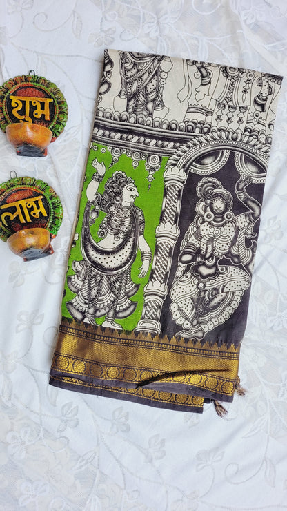 Green Screen Printed Kalamkari Chennur Silk Saree - Harita