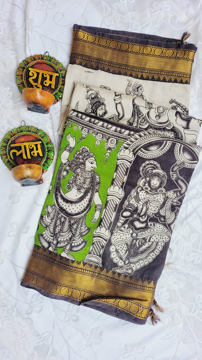 Green Screen Printed Kalamkari Chennur Silk Saree - Harita