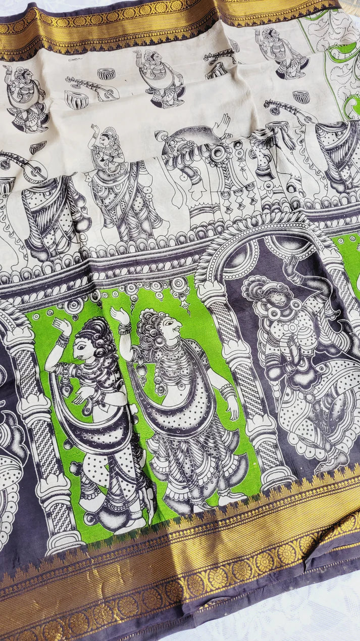 Kalamkari Mangalagiri silk Kanchi border saree- green nataraj