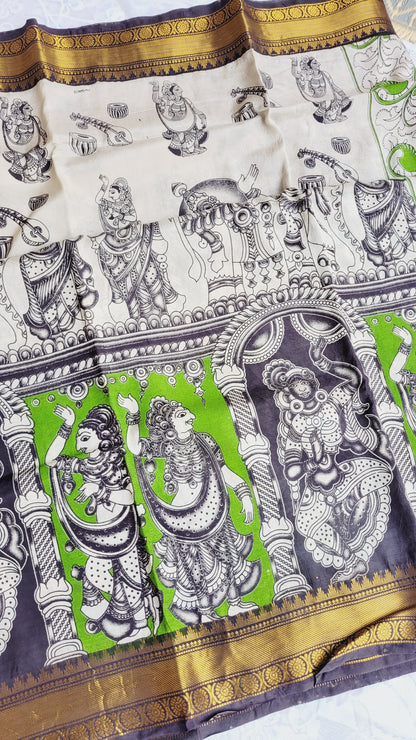Green Screen Printed Kalamkari Chennur Silk Saree - Harita