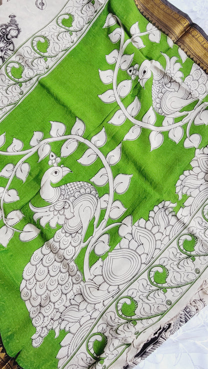 Green Screen Printed Kalamkari Chennur Silk Saree - Harita