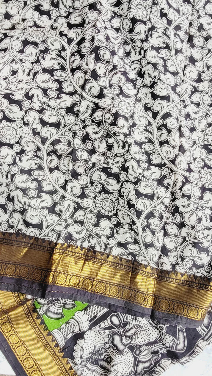 Kalamkari Mangalagiri silk Kanchi border saree- green nataraj