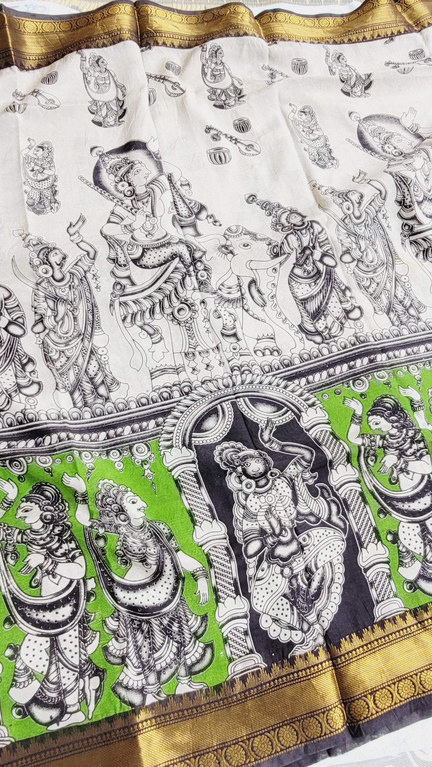Green Screen Printed Kalamkari Chennur Silk Saree - Harita