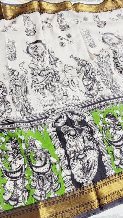 Green Screen Printed Kalamkari Chennur Silk Saree - Harita