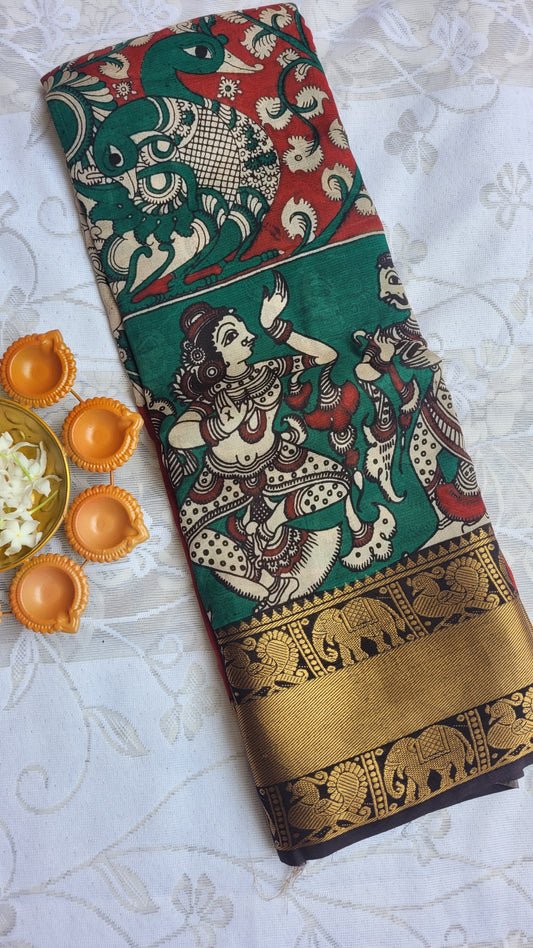 Red & Green Kanchi Border Kalamkari Screen Printed Chennur Silk saree - Ramani