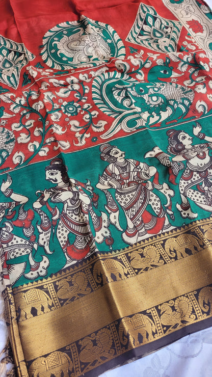Red & Green Kanchi Border Kalamkari Screen Printed Chennur Silk saree - Ramani