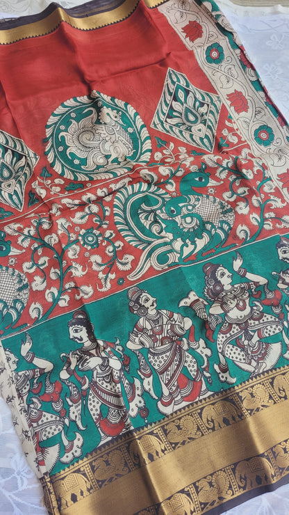 Red & Green Kanchi Border Kalamkari Screen Printed Chennur Silk saree - Ramani
