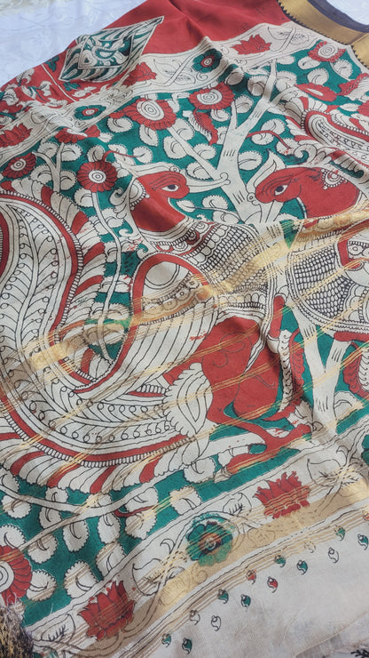 Red & Green Kanchi Border Kalamkari Screen Printed Chennur Silk saree - Ramani
