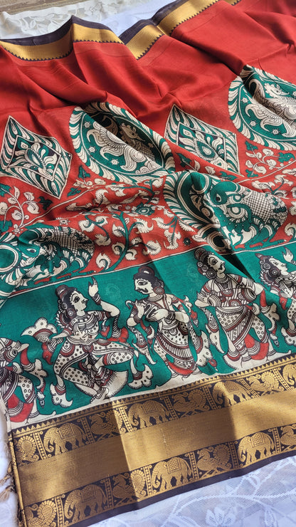 Red & Green Kanchi Border Kalamkari Screen Printed Chennur Silk saree - Ramani