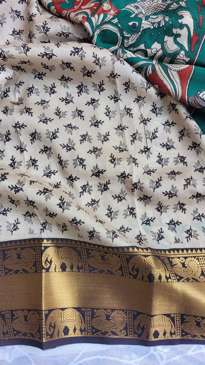 Red & Green Kanchi Border Kalamkari Screen Printed Chennur Silk saree - Ramani