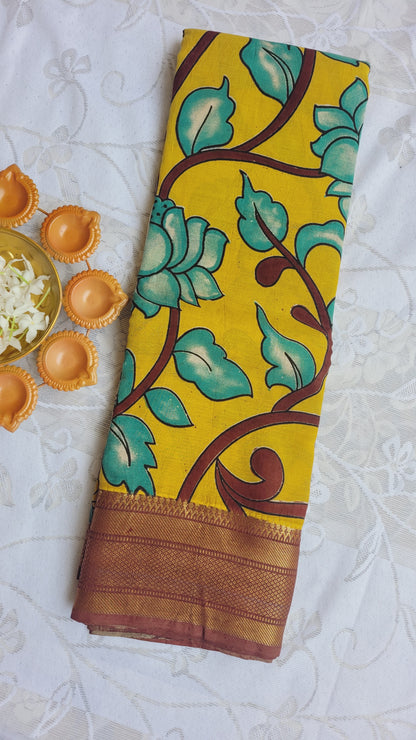 Bright Yellow Kanchi Border Kalamkari Screen Printed Chennur Silk saree - Banthi