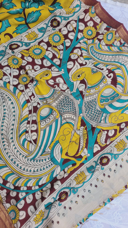 Bright Yellow Kanchi Border Kalamkari Screen Printed Chennur Silk saree - Banthi