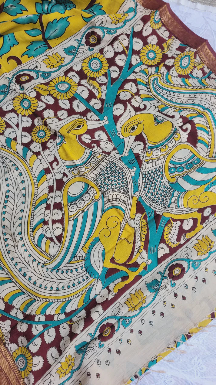 Bright Yellow Kanchi Border Kalamkari Screen Printed Chennur Silk saree - Banthi