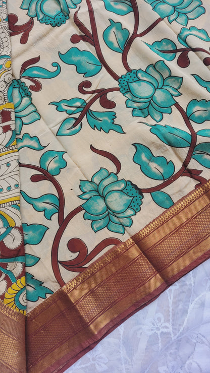 Bright Yellow Kanchi Border Kalamkari Screen Printed Chennur Silk saree - Banthi