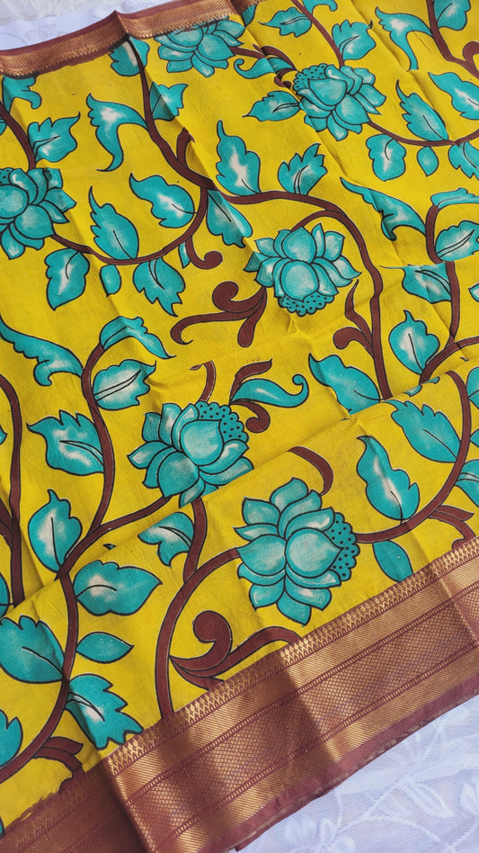 Bright Yellow Kanchi Border Kalamkari Screen Printed Chennur Silk saree - Banthi