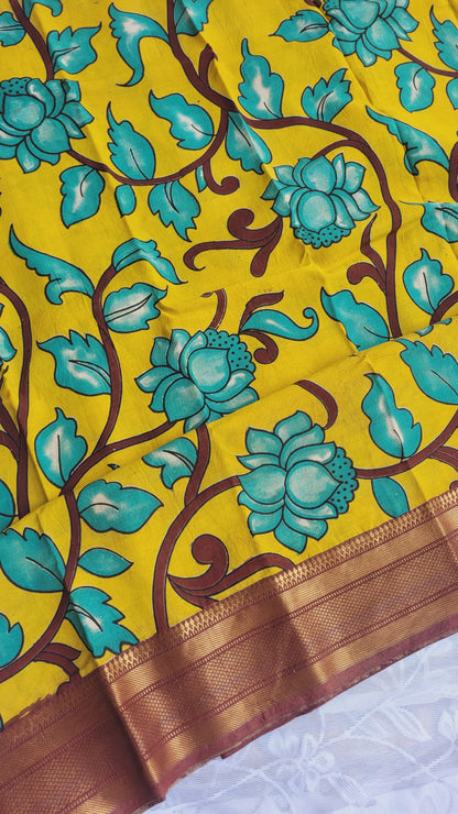 Bright Yellow Kanchi Border Kalamkari Screen Printed Chennur Silk saree - Banthi