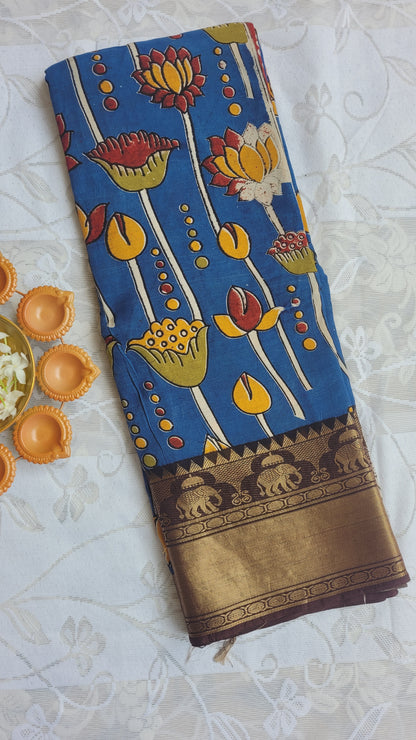 Royal Blue Kanchi Border Kalamkari Screen Printed Chennur Silk saree - Neelam