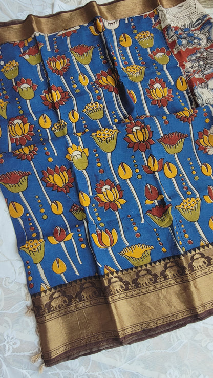 Royal Blue Kanchi Border Kalamkari Screen Printed Chennur Silk saree - Neelam
