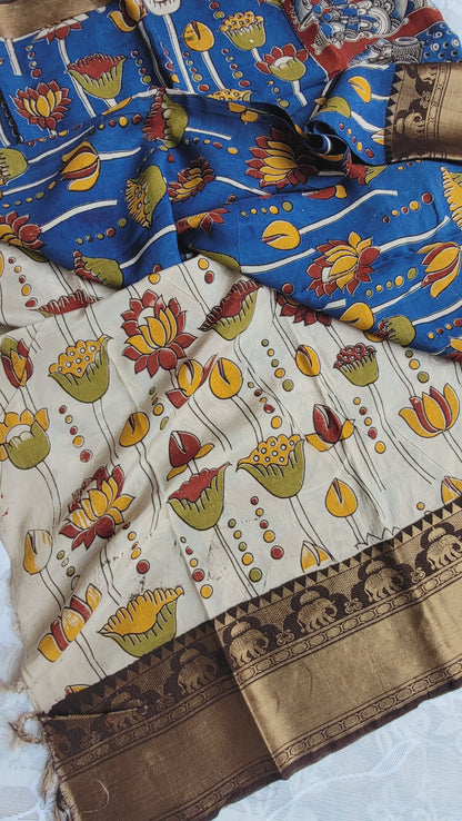 Royal Blue Kanchi Border Kalamkari Screen Printed Chennur Silk saree - Neelam