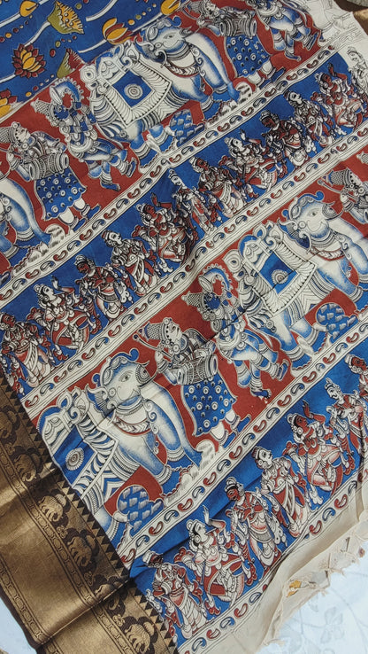 Royal Blue Kanchi Border Kalamkari Screen Printed Chennur Silk saree - Neelam