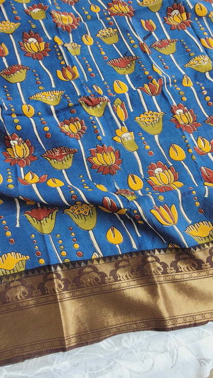 Royal Blue Kanchi Border Kalamkari Screen Printed Chennur Silk saree - Neelam