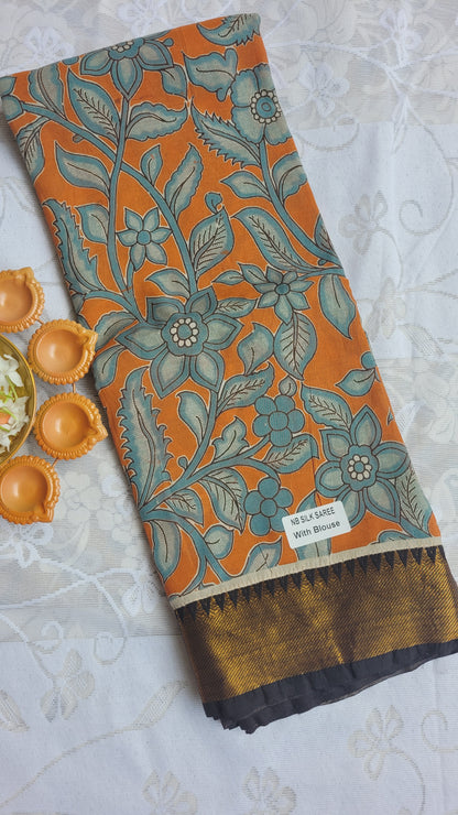 Orange Floral Kalamkari Screen Printed Chennur Silk saree - Santra