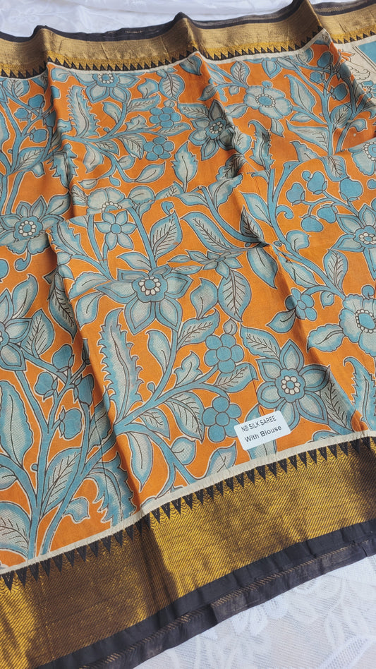 Orange Floral Kalamkari Screen Printed Chennur Silk saree - Santra