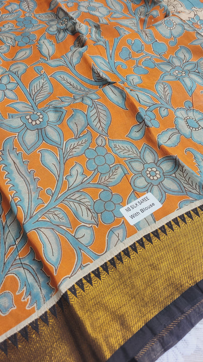 Orange Floral Kalamkari Screen Printed Chennur Silk saree - Santra