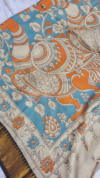 Orange Floral Kalamkari Screen Printed Chennur Silk saree - Santra