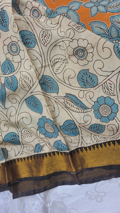 Orange Floral Kalamkari Screen Printed Chennur Silk saree - Santra