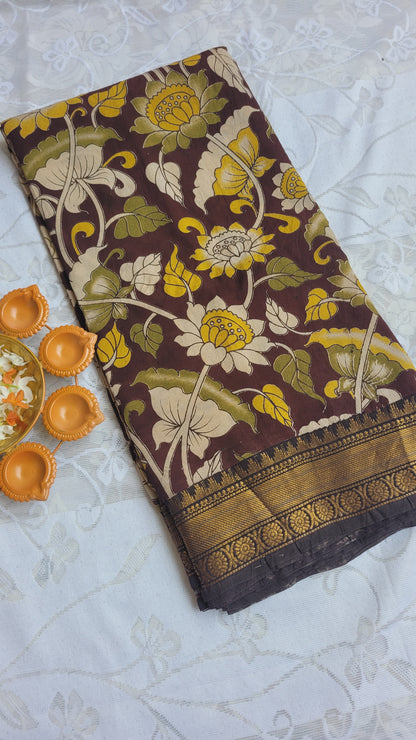 Coffee Brown Kalamkari Screen Printed Chennur Silk saree - Chakka