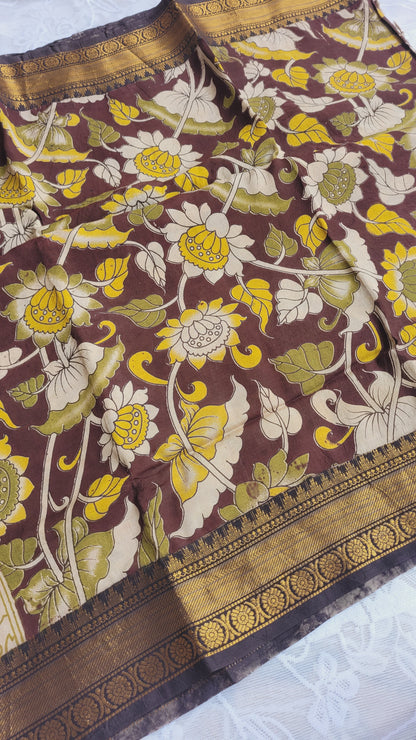 Coffee Brown Kalamkari Screen Printed Chennur Silk saree - Chakka