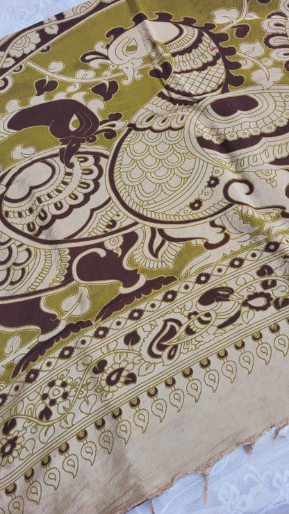 Coffee Brown Kalamkari Screen Printed Chennur Silk saree - Chakka