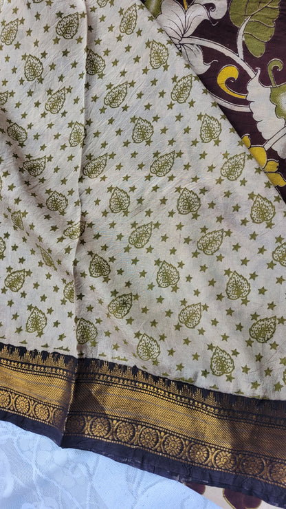 Coffee Brown Kalamkari Screen Printed Chennur Silk saree - Chakka