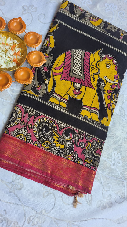 Pink Kalamkari Screen Printed Chennur Silk saree - Katha