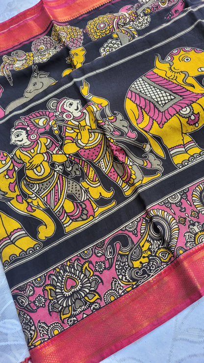 Pink Kalamkari Screen Printed Chennur Silk saree - Katha