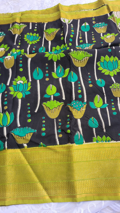 Florescent Green & Black Kanchi Border Kalamkari Screen Printed Chennur Silk saree - Gargi