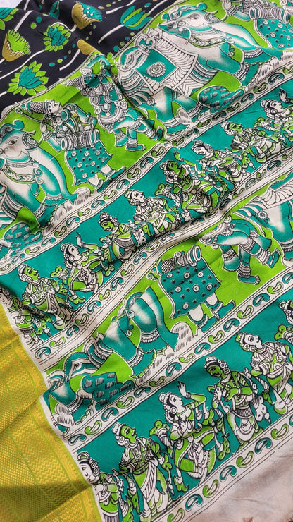 Florescent Green & Black Kanchi Border Kalamkari Screen Printed Chennur Silk saree - Gargi